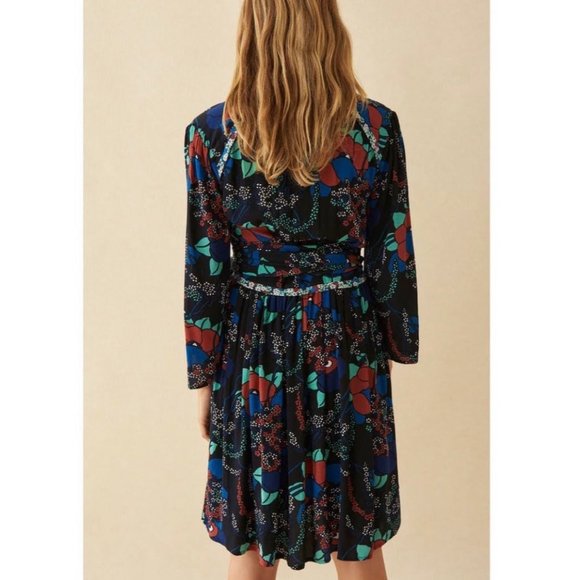 Ba&sh Agathe Dress Black Floral V Neck Three Quarter Sleeve Size 4 - Picture 2 of 15